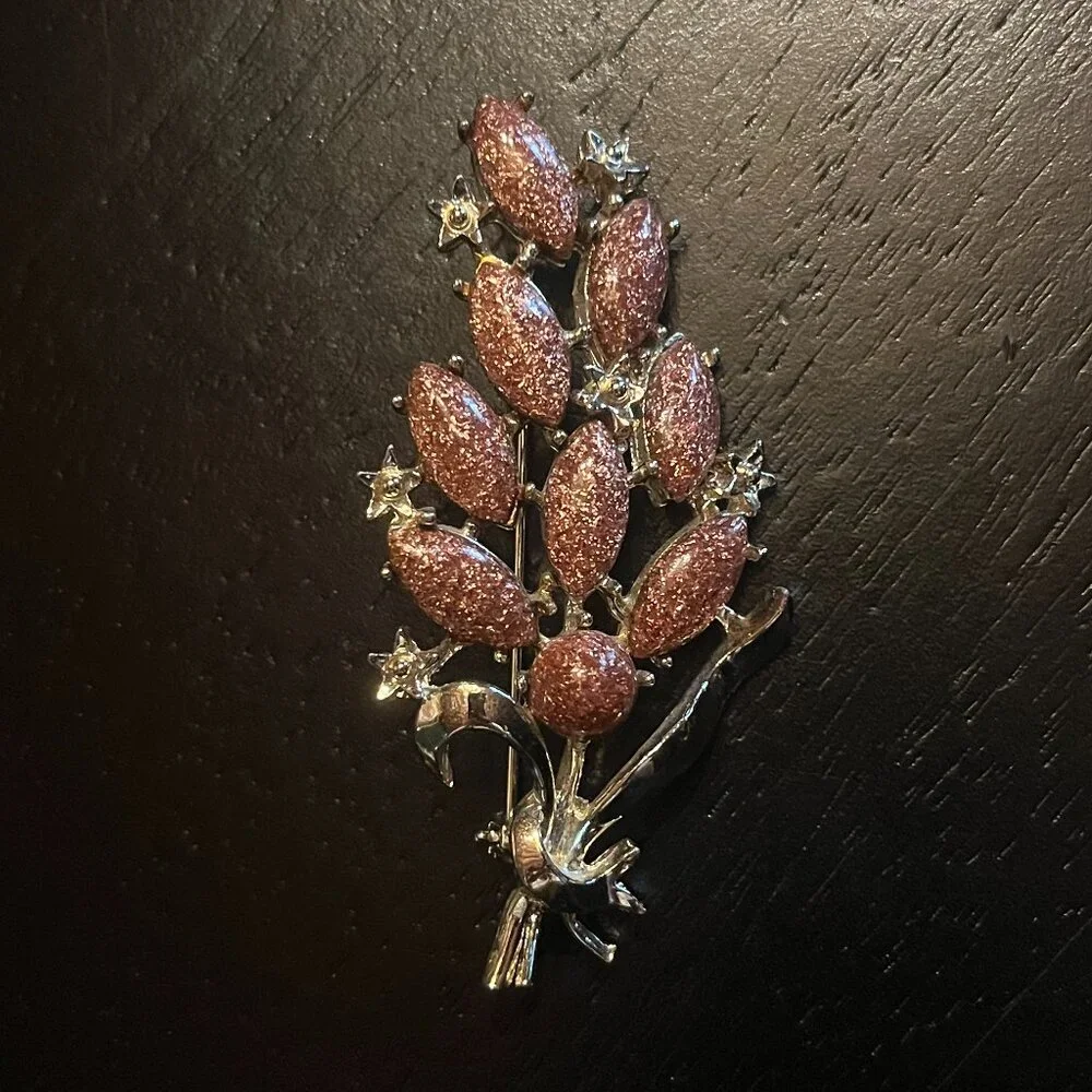 Vintage Gold Tone Flower bouquet Brooch Copper Sparkle Stones